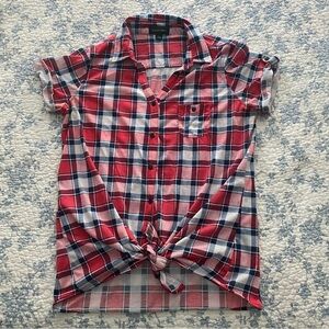 G Collection Red, White, and Blue Plaid Flannel Button Down with Front Tie